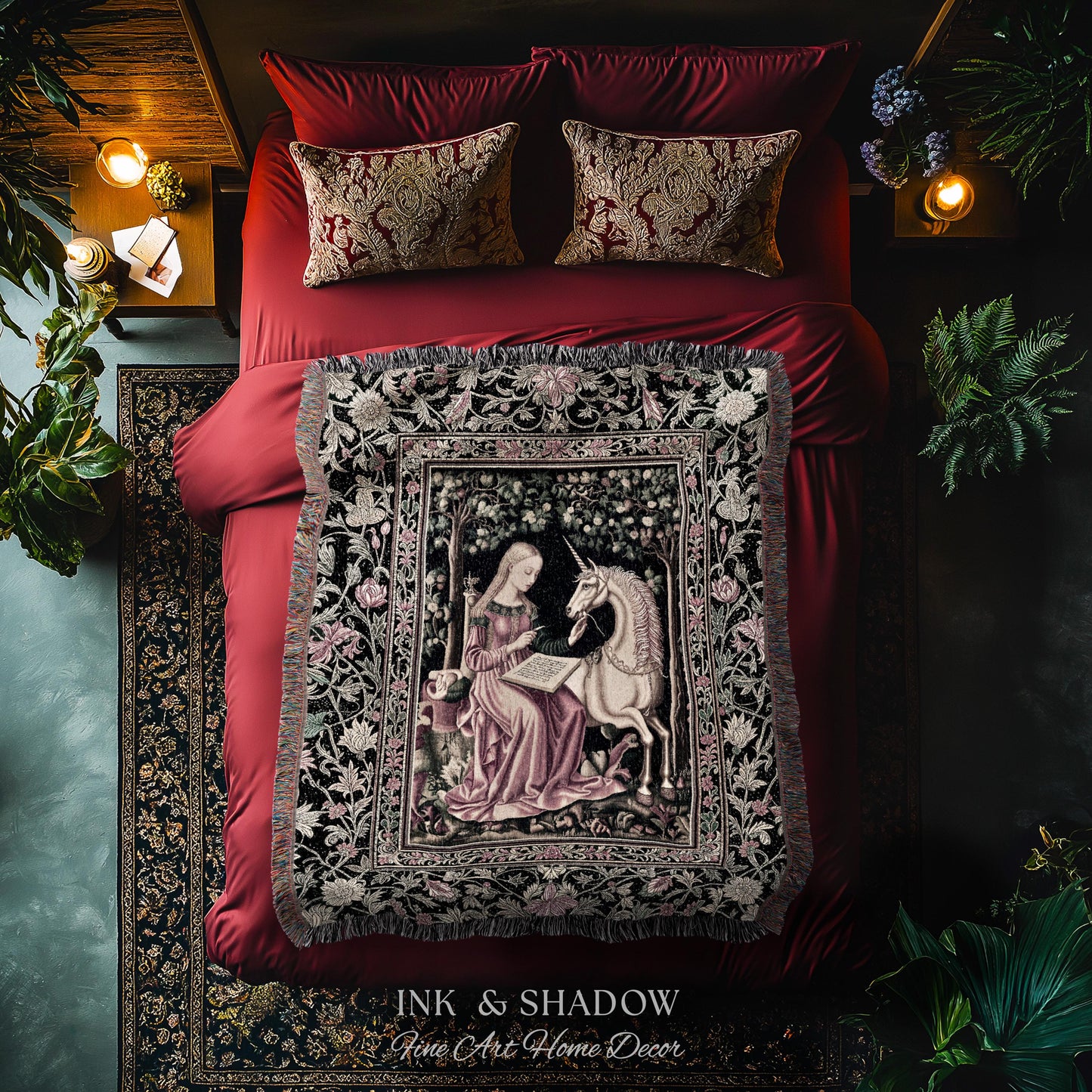 Cozy Storybook Reading Throw Blanket | Medieval Bedroom Unicorn Cottagecore Dark Academia Decor Fairytale Princess Rococo Woven Tapestry |
