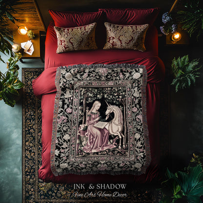 Cozy Storybook Reading Throw Blanket | Medieval Bedroom Unicorn Cottagecore Dark Academia Decor Fairytale Princess Rococo Woven Tapestry |