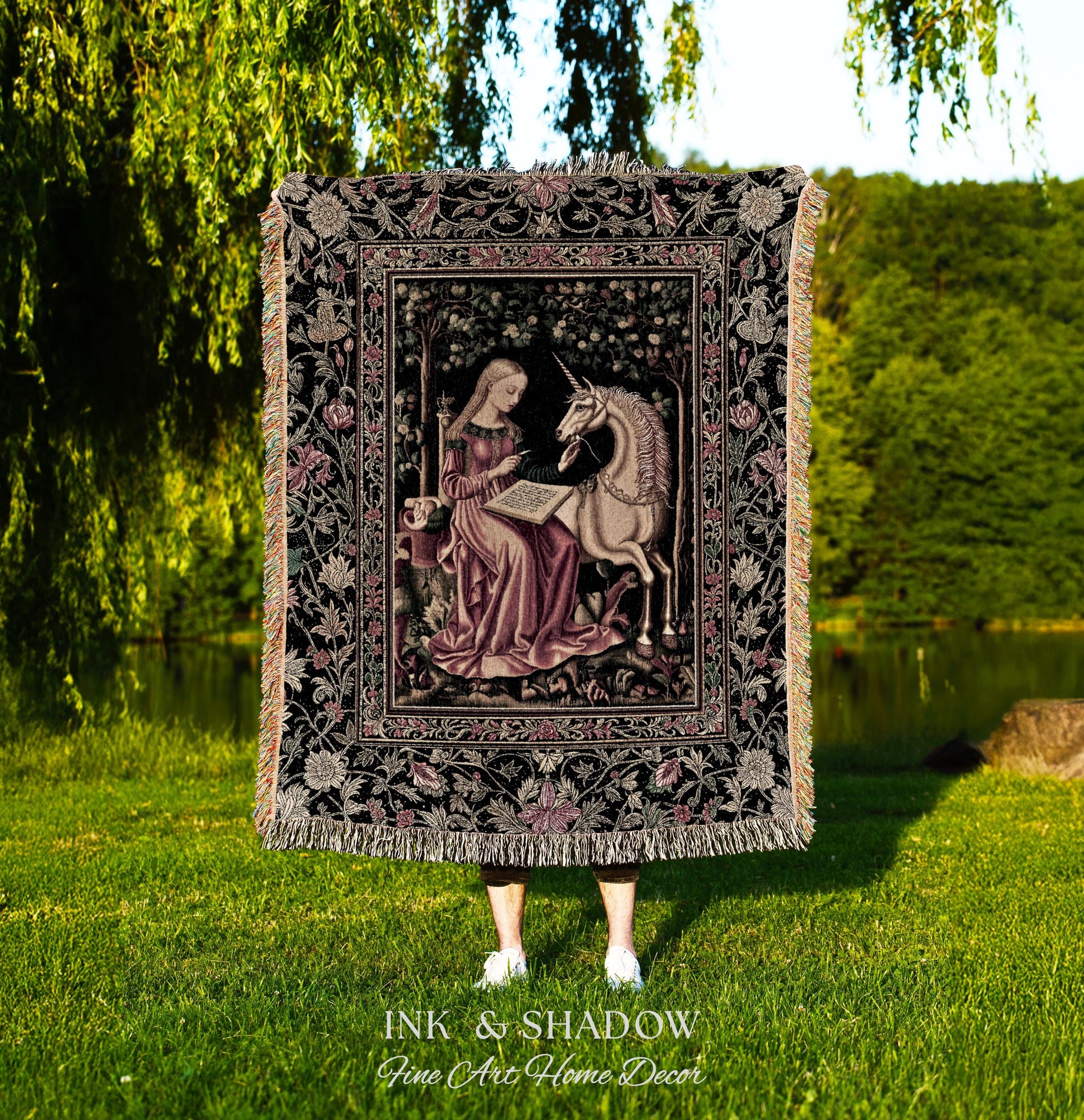 Cozy Storybook Reading Throw Blanket | Medieval Bedroom Unicorn Cottagecore Dark Academia Decor Fairytale Princess Rococo Woven Tapestry |