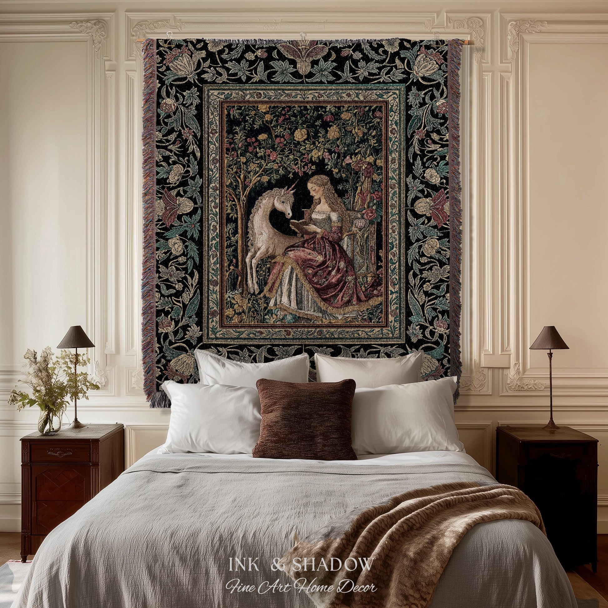 Royal Fairytale Botanical Throw Blanket | Rococo Storybook Decor Cottagecore Medieval Romance Princesscore Woven Tapestry Gothic Bedroom |