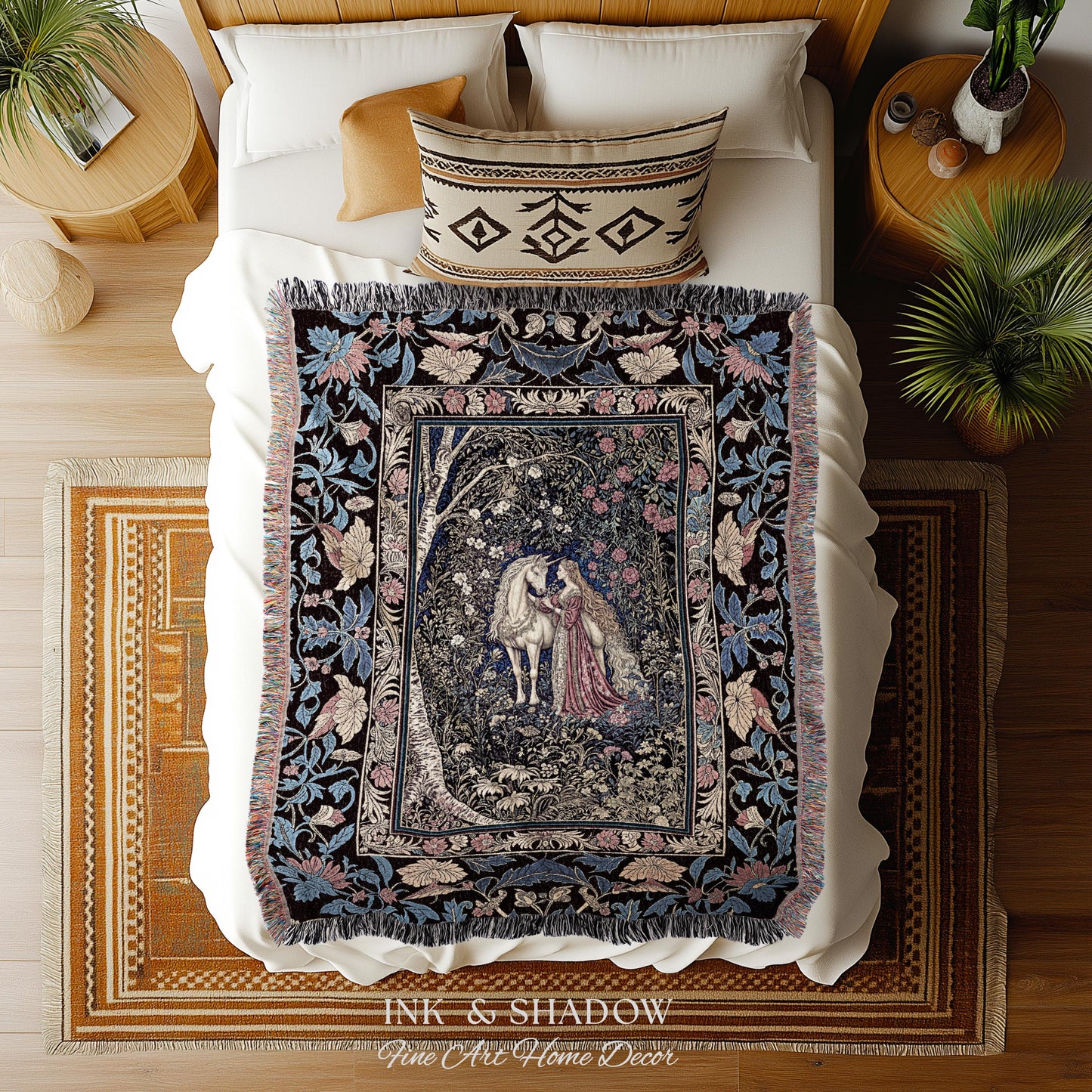Fairy Forest Floral Maximalist Blanket | Pastel Coquette Light Academia Bedroom Ethereal Forest Spirits Dreamy Fairytale Woven Wall Tapestry