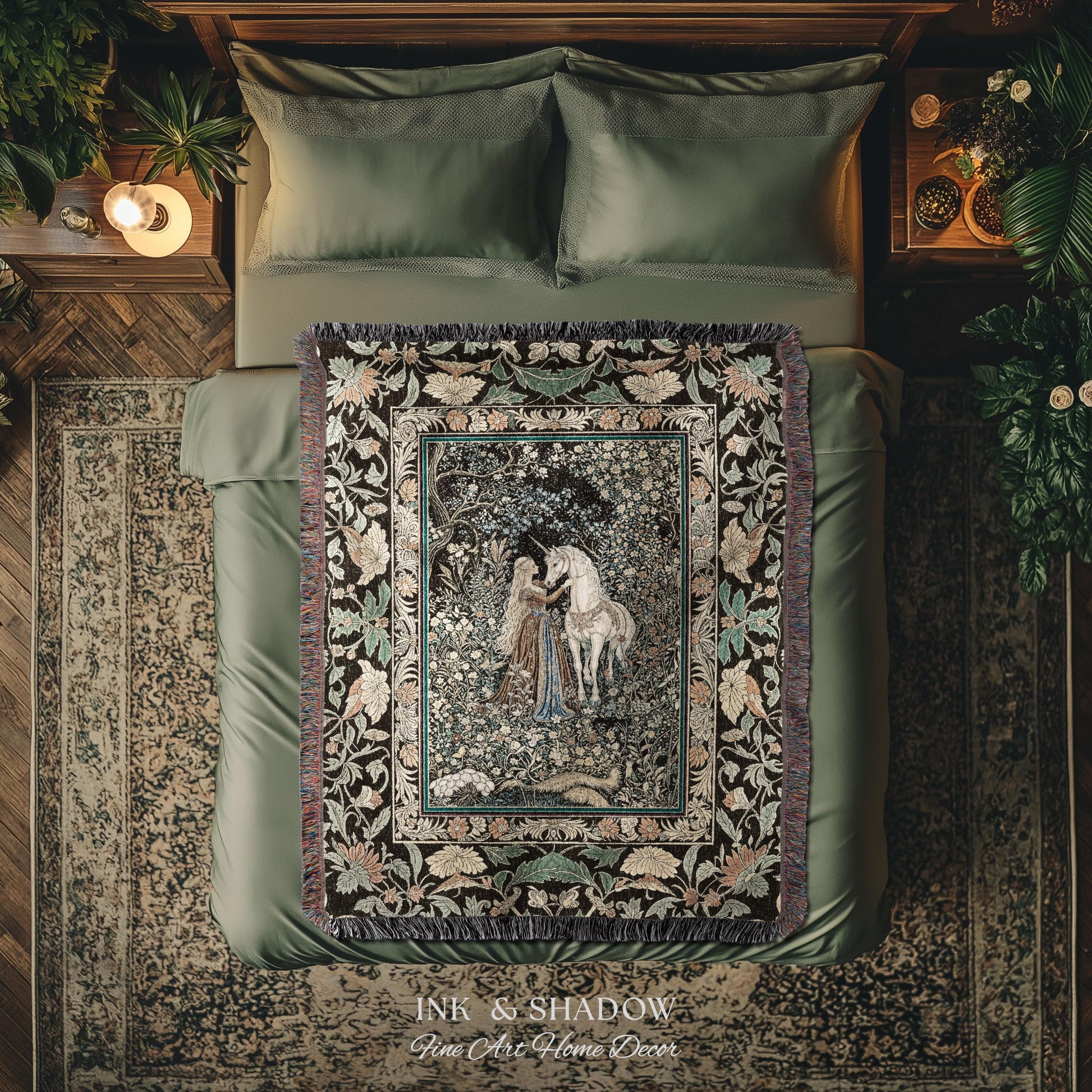 Magical Aesthetic Wildflower Throw Blanket | Ethereal Pastel Fairycore Mystic Medieval Woven Wall Tapestry Forest Spirits Dreamy Fairytale |