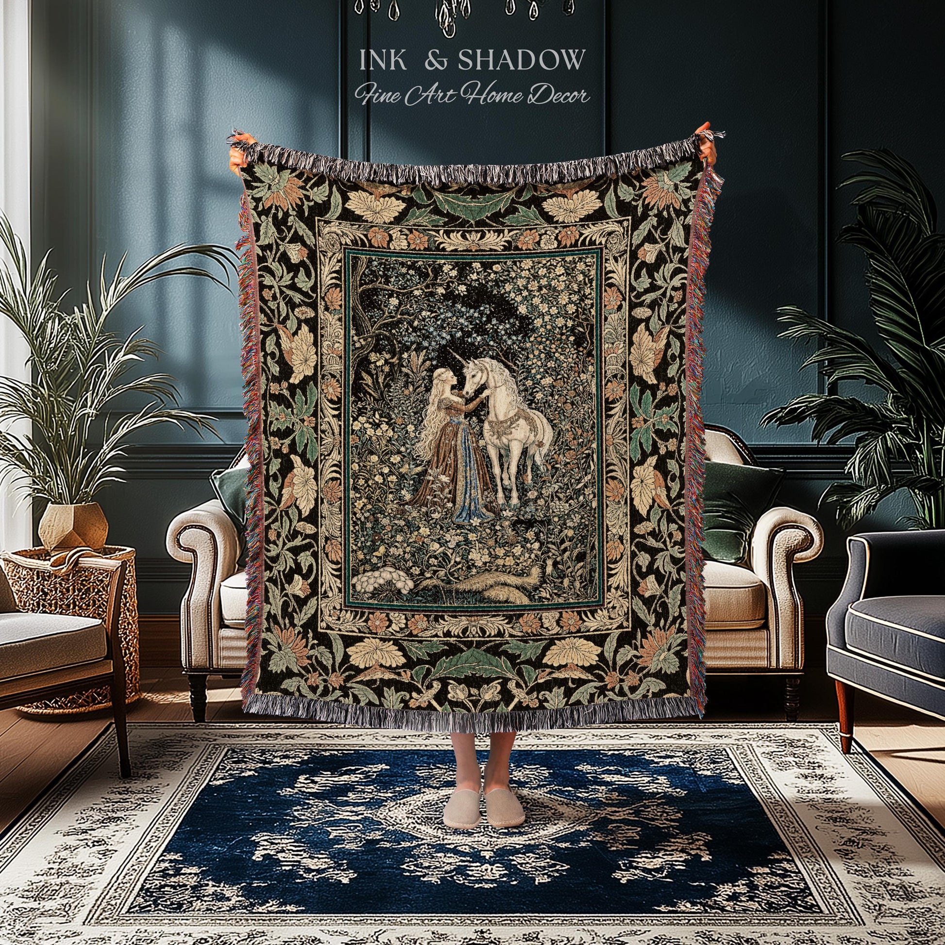 Magical Aesthetic Wildflower Throw Blanket | Ethereal Pastel Fairycore Mystic Medieval Woven Wall Tapestry Forest Spirits Dreamy Fairytale |