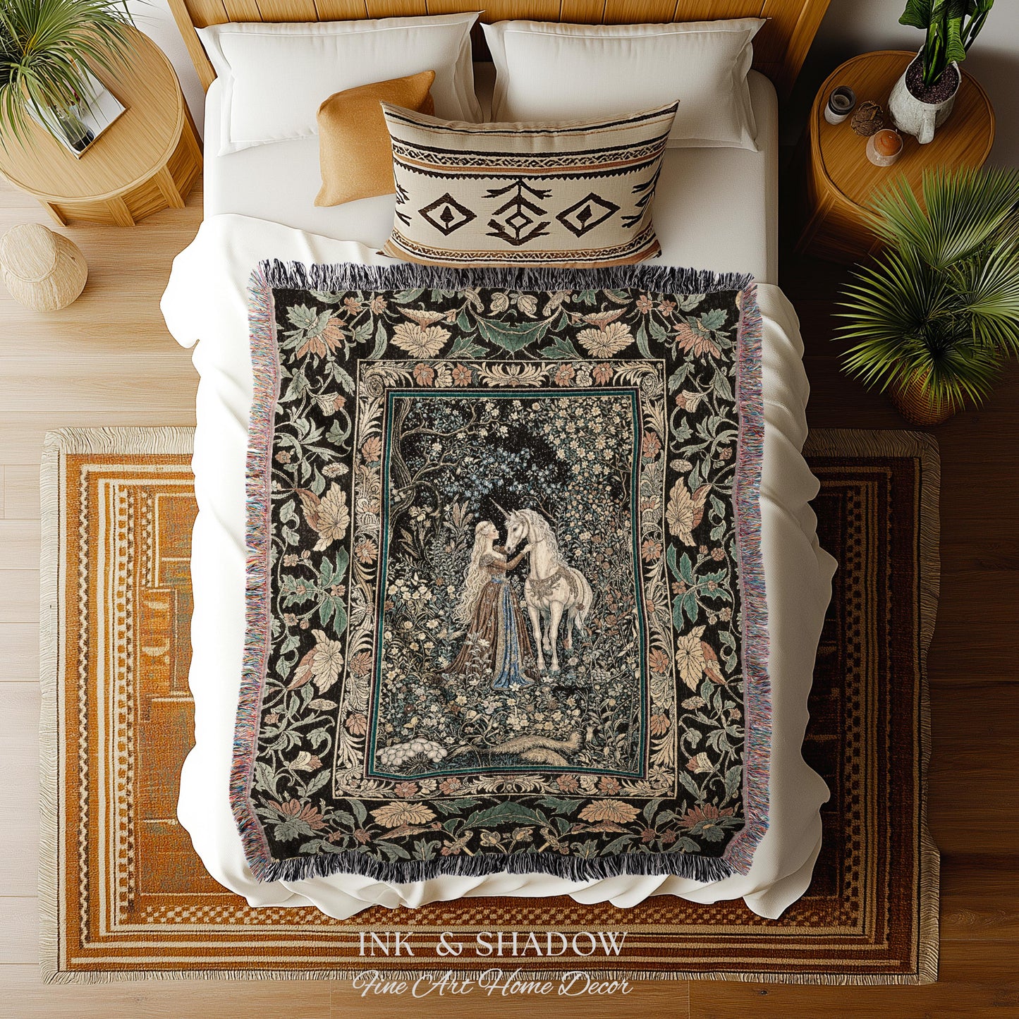 Magical Aesthetic Wildflower Throw Blanket | Ethereal Pastel Fairycore Mystic Medieval Woven Wall Tapestry Forest Spirits Dreamy Fairytale |