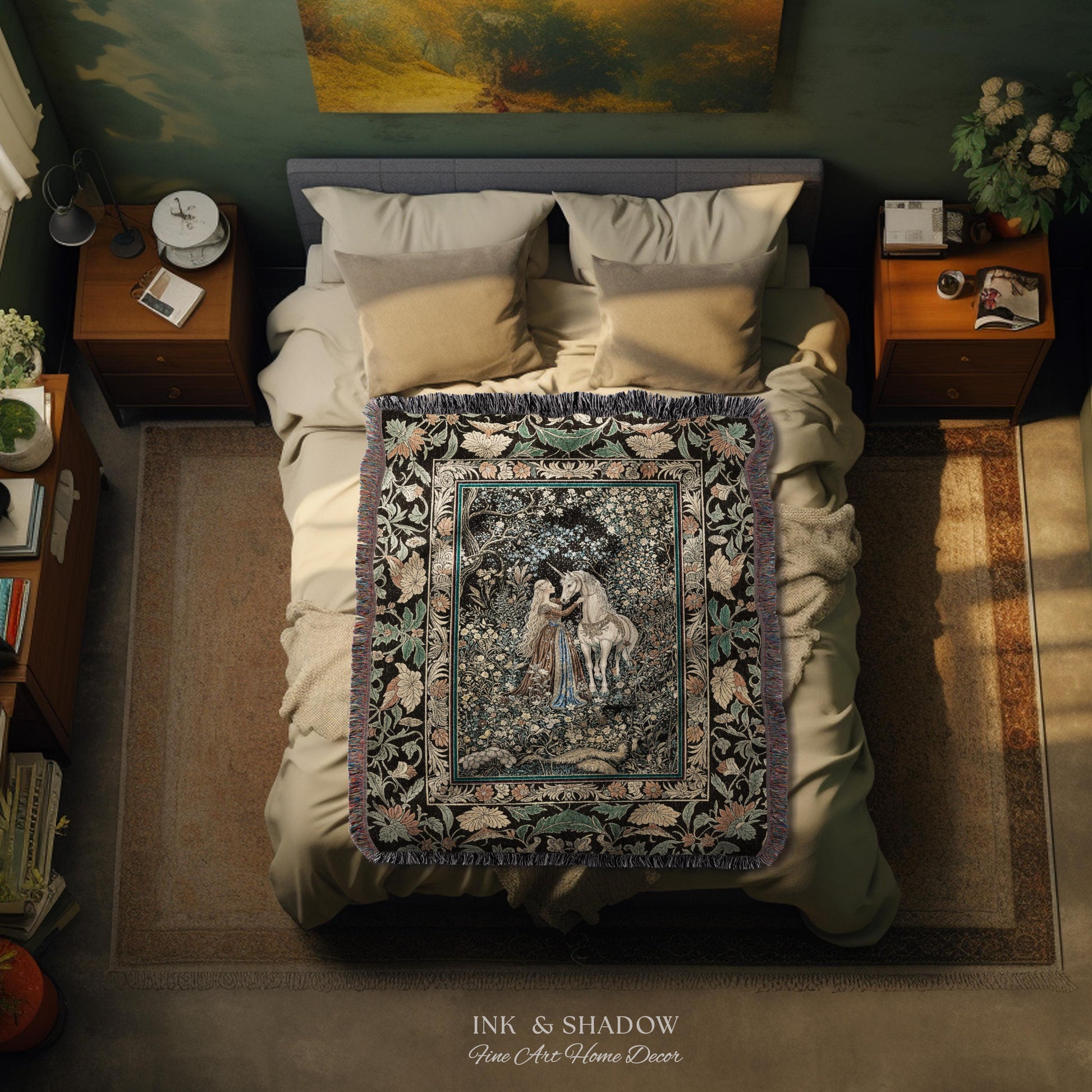 Magical Aesthetic Wildflower Throw Blanket | Ethereal Pastel Fairycore Mystic Medieval Woven Wall Tapestry Forest Spirits Dreamy Fairytale |
