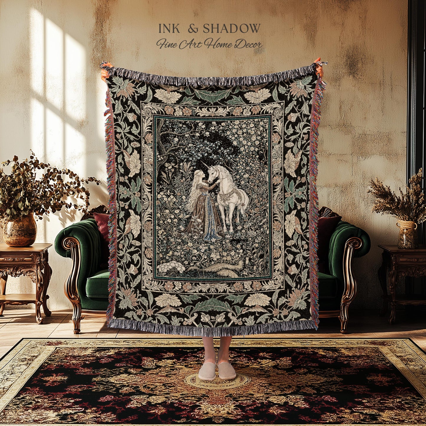 Magical Aesthetic Wildflower Throw Blanket | Ethereal Pastel Fairycore Mystic Medieval Woven Wall Tapestry Forest Spirits Dreamy Fairytale |