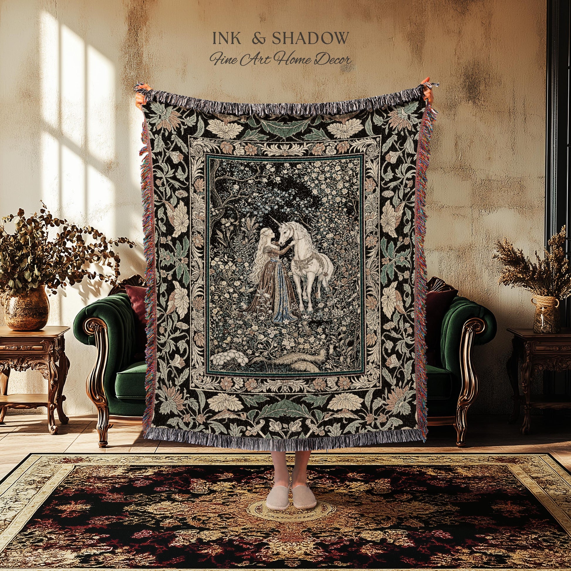 Magical Aesthetic Wildflower Throw Blanket | Ethereal Pastel Fairycore Mystic Medieval Woven Wall Tapestry Forest Spirits Dreamy Fairytale |