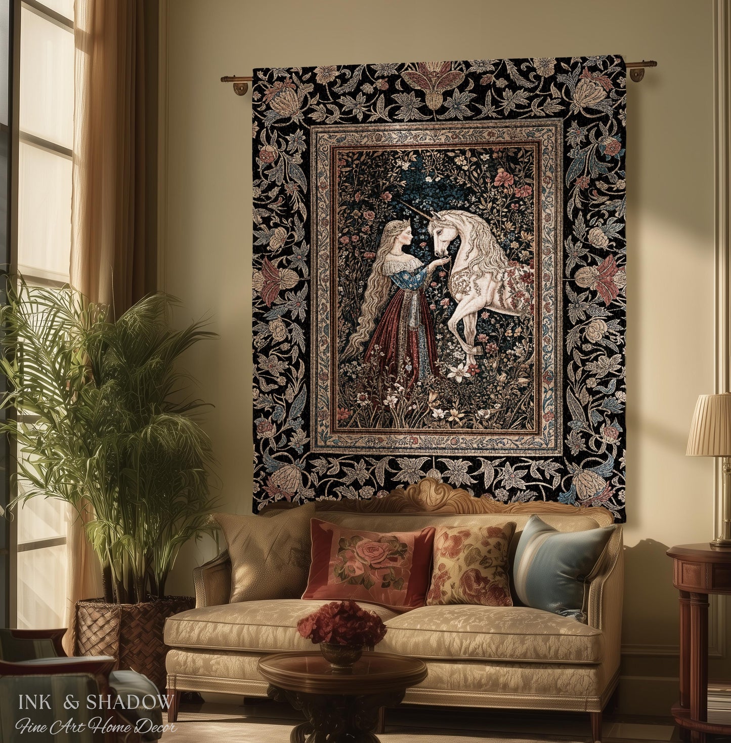 Mystic Fairytale Unicorn Throw Blanket | Renaissance Aesthetic Gloomy Coquette Woven Wall Tapestry Dark Cottagecore Storybook Gothic Theme |