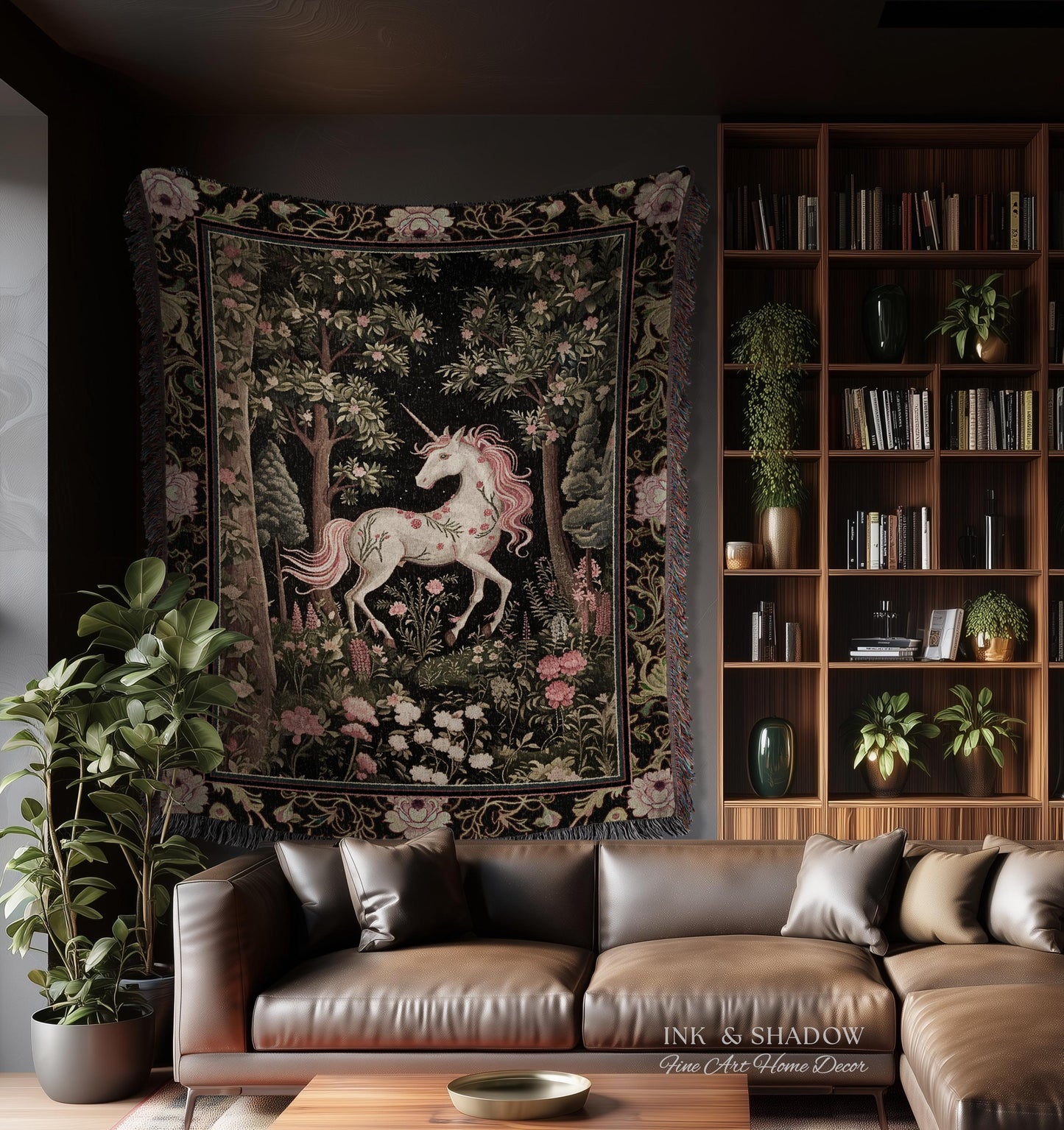 Enchanted Forest Unicorn Woven Throw Blanket Mystical Medieval Tapestry | Romantic Baroque Art Renaissance Decor Fairycore Vintage Aesthetic