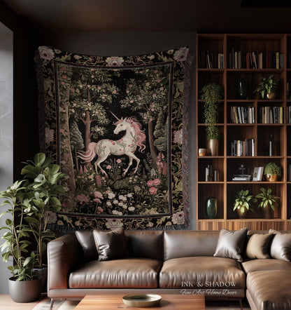 Enchanted Forest Unicorn Woven Throw Blanket Mystical Medieval Tapestry | Romantic Baroque Art Renaissance Decor Fairycore Vintage Aesthetic