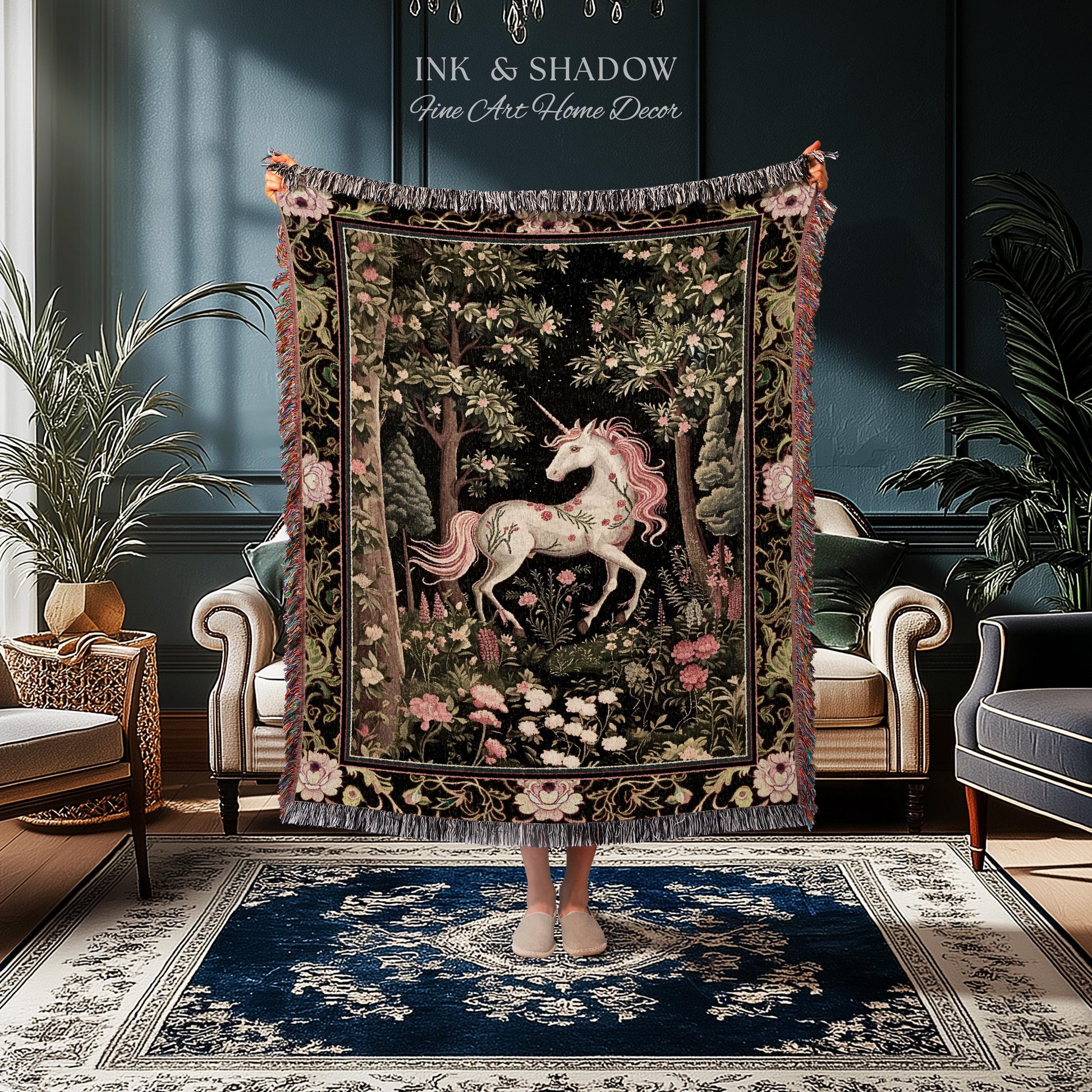 Enchanted Forest Unicorn Woven Throw Blanket Mystical Medieval Tapestry | Romantic Baroque Art Renaissance Decor Fairycore Vintage Aesthetic