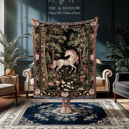 Enchanted Forest Unicorn Woven Throw Blanket Mystical Medieval Tapestry | Romantic Baroque Art Renaissance Decor Fairycore Vintage Aesthetic