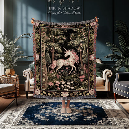 Enchanted Forest Unicorn Woven Throw Blanket Mystical Medieval Tapestry | Romantic Baroque Art Renaissance Decor Fairycore Vintage Aesthetic