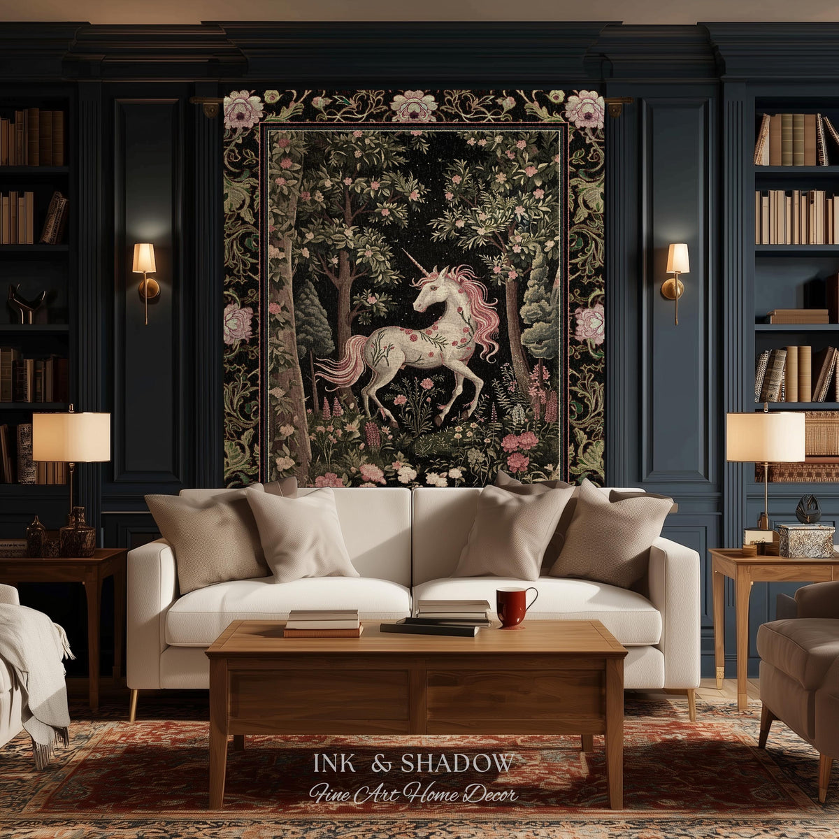 Enchanted Forest Unicorn Woven Throw Blanket Mystical Medieval Tapestry | Romantic Baroque Art Renaissance Decor Fairycore Vintage Aesthetic