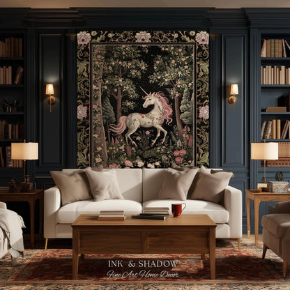 Enchanted Forest Unicorn Woven Throw Blanket Mystical Medieval Tapestry | Romantic Baroque Art Renaissance Decor Fairycore Vintage Aesthetic
