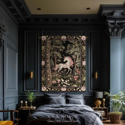 Enchanted Forest Unicorn Woven Throw Blanket Mystical Medieval Tapestry | Romantic Baroque Art Renaissance Decor Fairycore Vintage Aesthetic