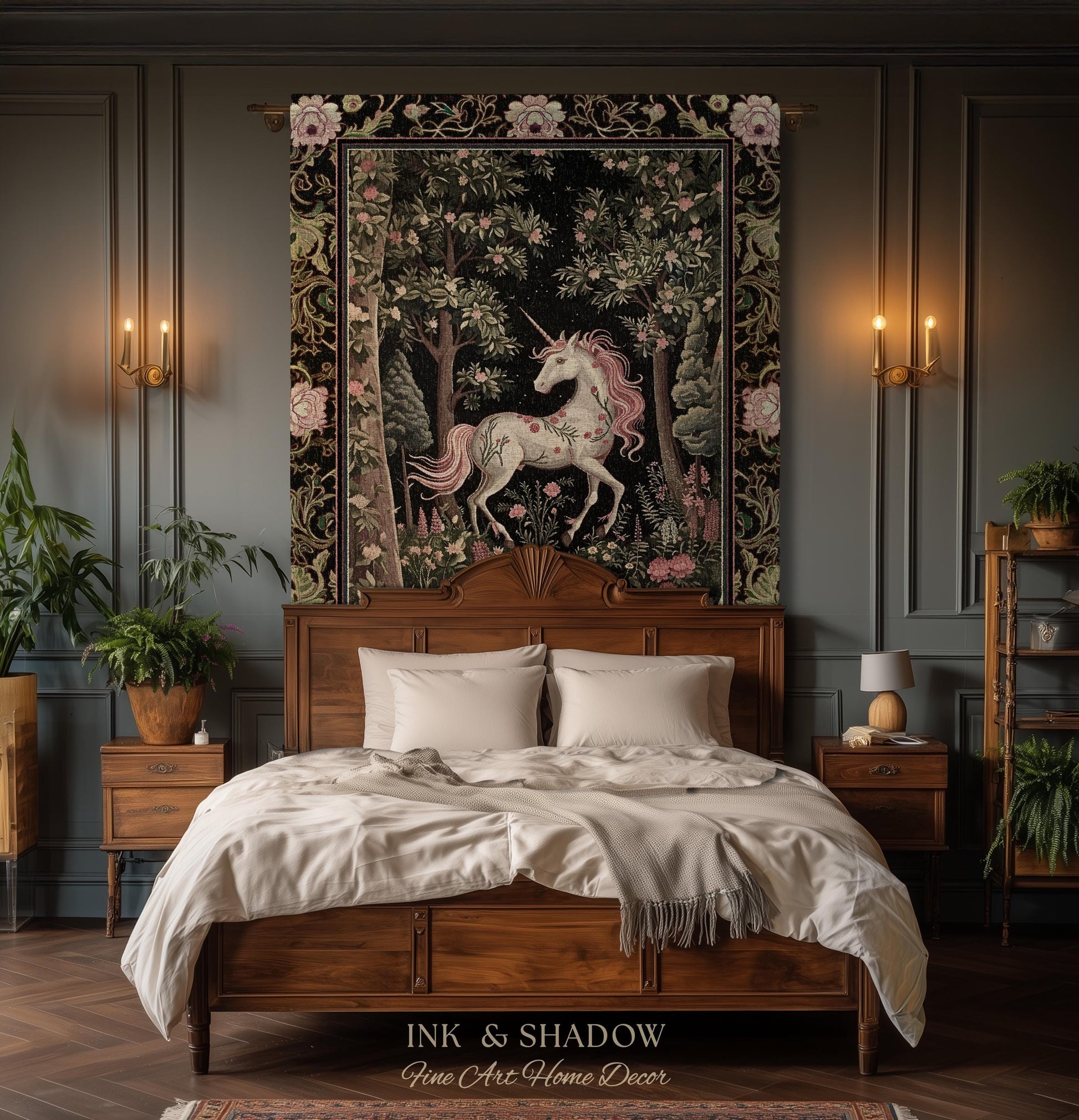 Enchanted Forest Unicorn Woven Throw Blanket Mystical Medieval Tapestry | Romantic Baroque Art Renaissance Decor Fairycore Vintage Aesthetic