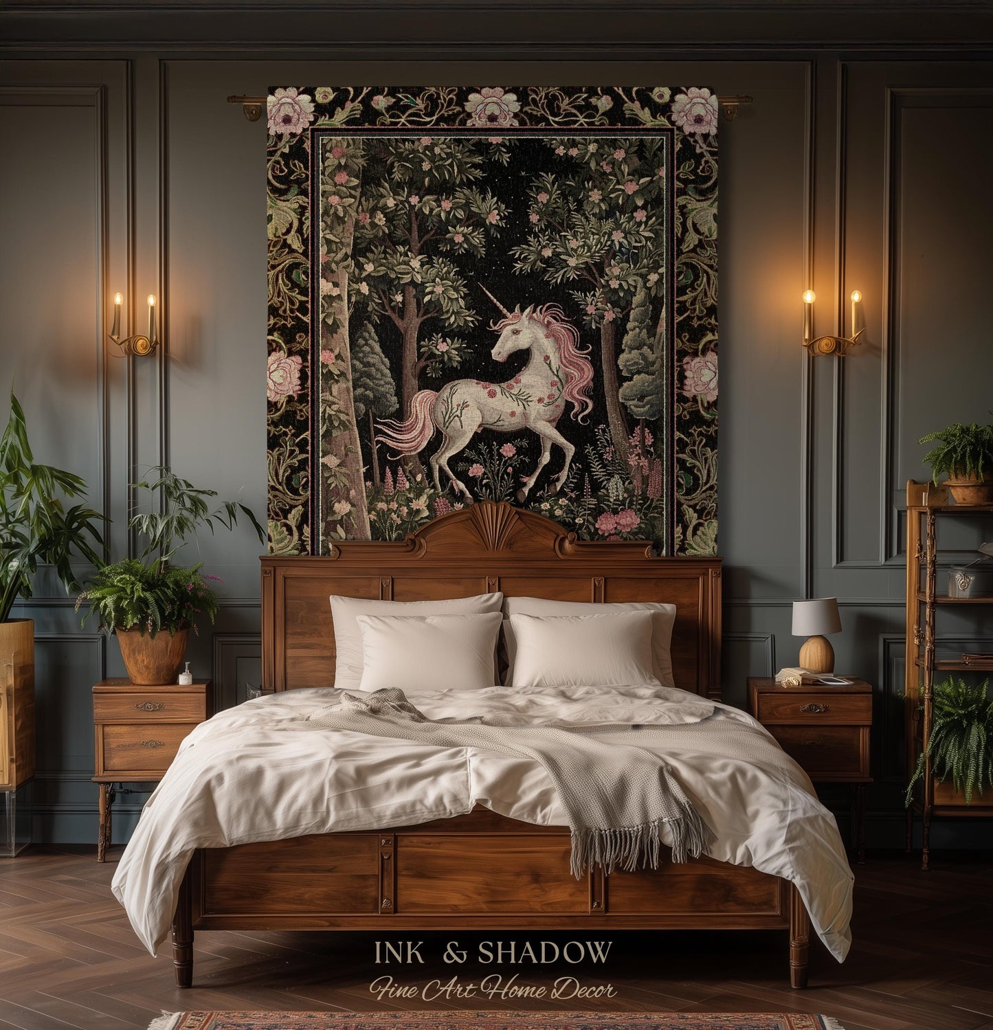 Enchanted Forest Unicorn Woven Throw Blanket Mystical Medieval Tapestry | Romantic Baroque Art Renaissance Decor Fairycore Vintage Aesthetic