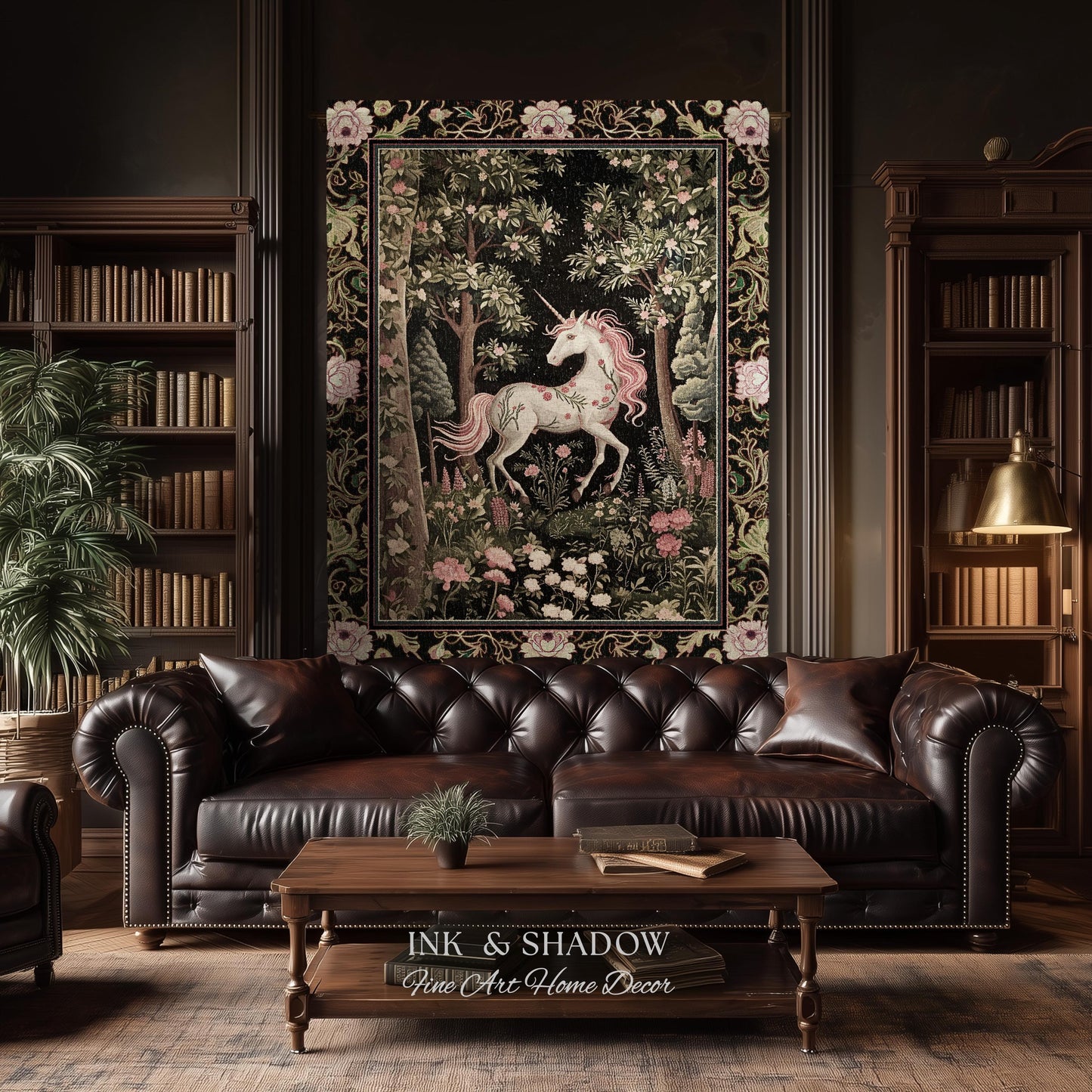 Enchanted Forest Unicorn Woven Throw Blanket Mystical Medieval Tapestry | Romantic Baroque Art Renaissance Decor Fairycore Vintage Aesthetic