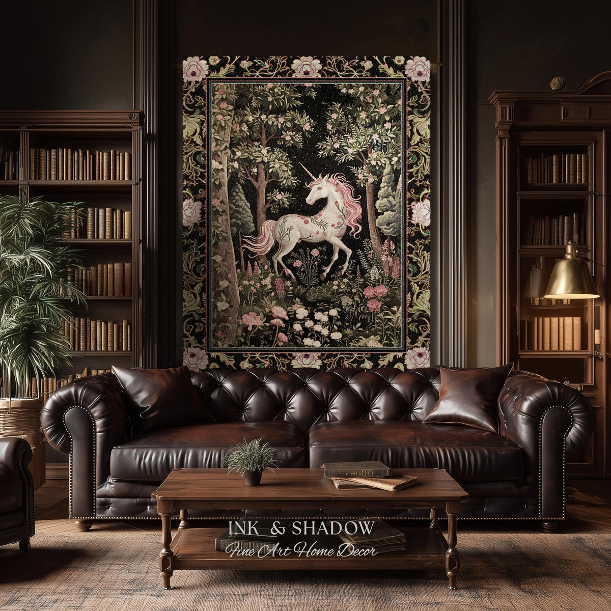 Enchanted Forest Unicorn Woven Throw Blanket Mystical Medieval Tapestry | Romantic Baroque Art Renaissance Decor Fairycore Vintage Aesthetic