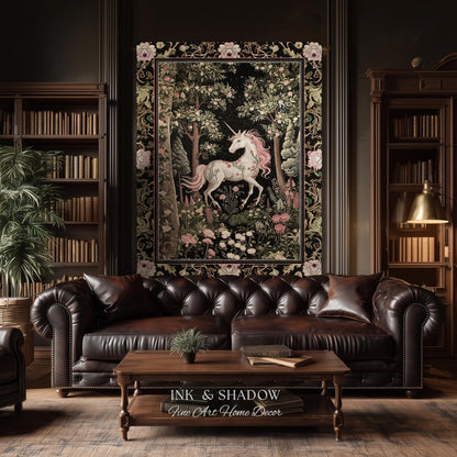 Enchanted Forest Unicorn Woven Throw Blanket Mystical Medieval Tapestry | Romantic Baroque Art Renaissance Decor Fairycore Vintage Aesthetic
