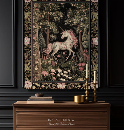 Enchanted Forest Unicorn Woven Throw Blanket Mystical Medieval Tapestry | Romantic Baroque Art Renaissance Decor Fairycore Vintage Aesthetic