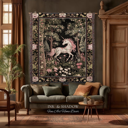 Enchanted Forest Unicorn Woven Throw Blanket Mystical Medieval Tapestry | Romantic Baroque Art Renaissance Decor Fairycore Vintage Aesthetic