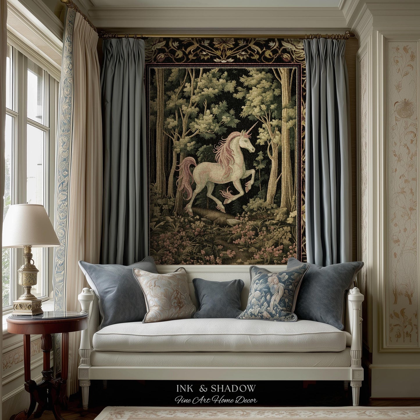 Medieval Unicorn Tapestry Blanket Dark Woodland Aesthetic | Enchanted Forest Decor Whimsical Cottagecore Fantasy Art Mystic Forestcore Throw