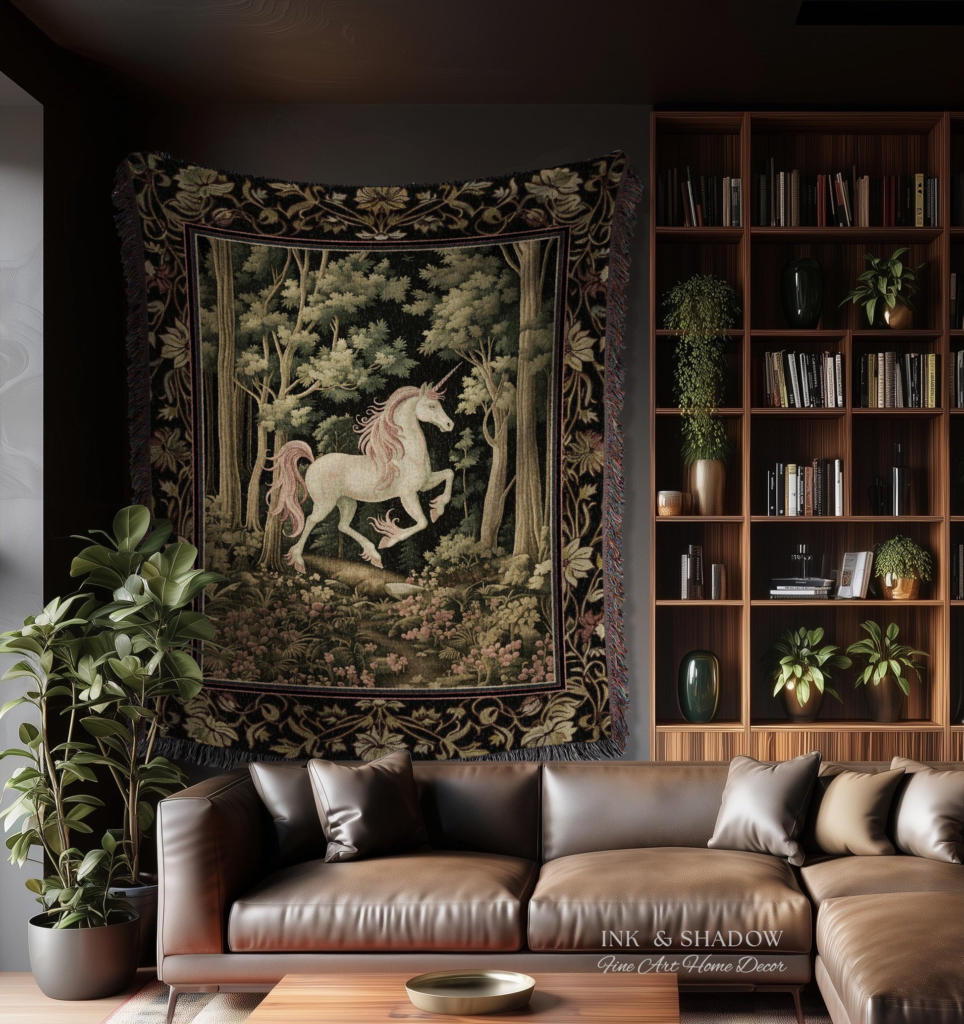 Medieval Unicorn Tapestry Blanket Dark Woodland Aesthetic | Enchanted Forest Decor Whimsical Cottagecore Fantasy Art Mystic Forestcore Throw