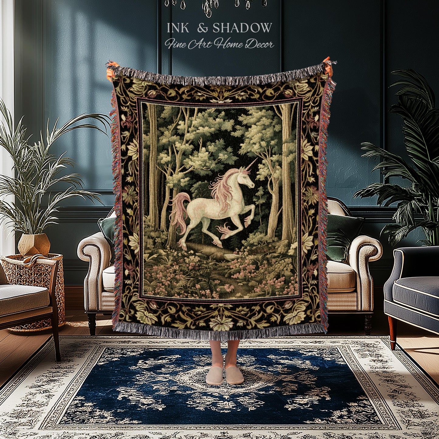 Medieval Unicorn Tapestry Blanket Dark Woodland Aesthetic | Enchanted Forest Decor Whimsical Cottagecore Fantasy Art Mystic Forestcore Throw