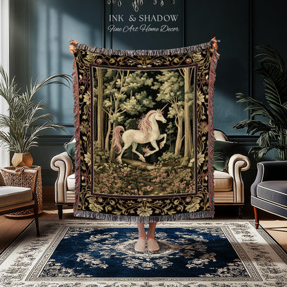 Medieval Unicorn Tapestry Blanket Dark Woodland Aesthetic | Enchanted Forest Decor Whimsical Cottagecore Fantasy Art Mystic Forestcore Throw