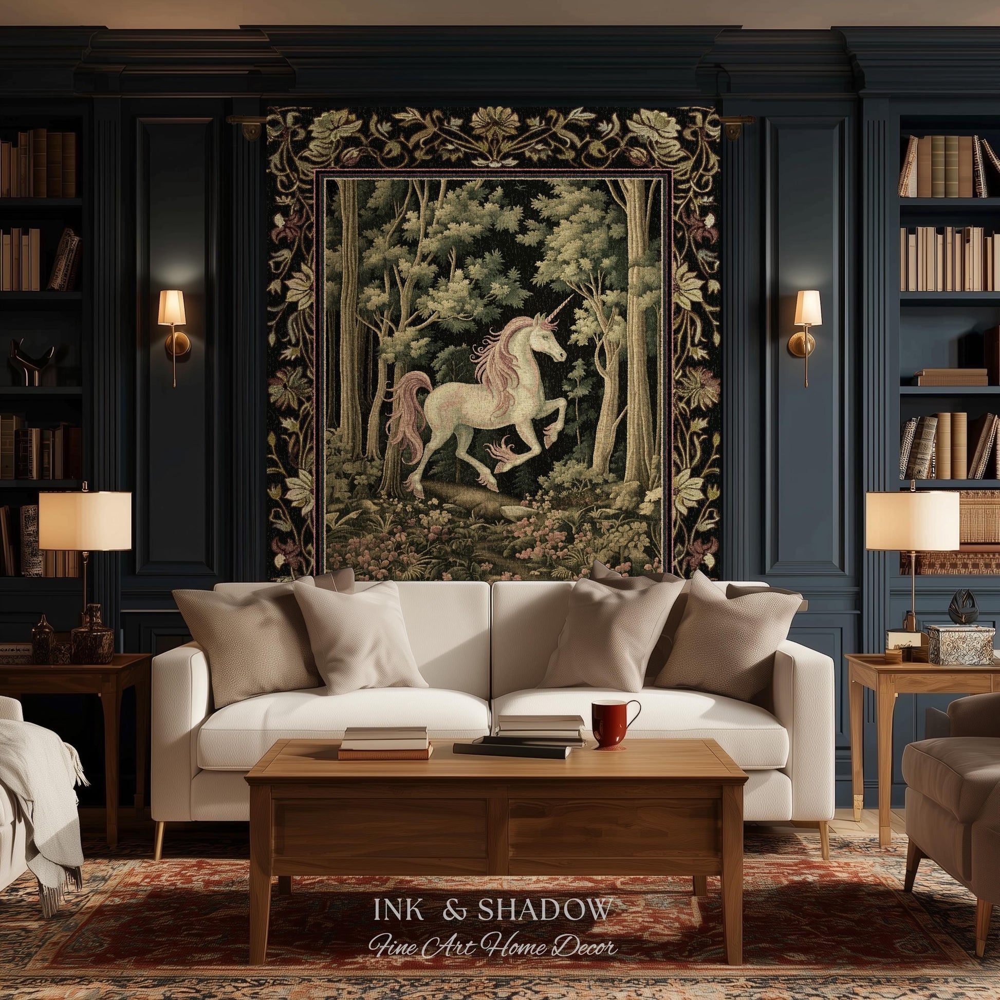 Medieval Unicorn Tapestry Blanket Dark Woodland Aesthetic | Enchanted Forest Decor Whimsical Cottagecore Fantasy Art Mystic Forestcore Throw
