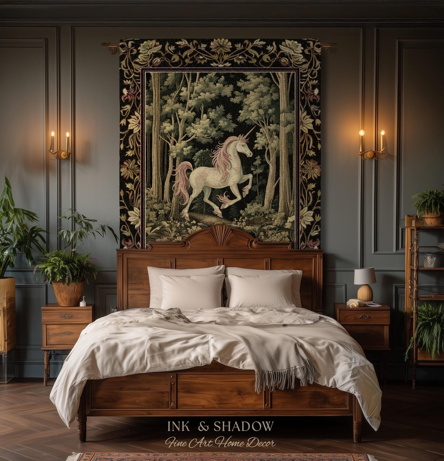 Medieval Unicorn Tapestry Blanket Dark Woodland Aesthetic | Enchanted Forest Decor Whimsical Cottagecore Fantasy Art Mystic Forestcore Throw