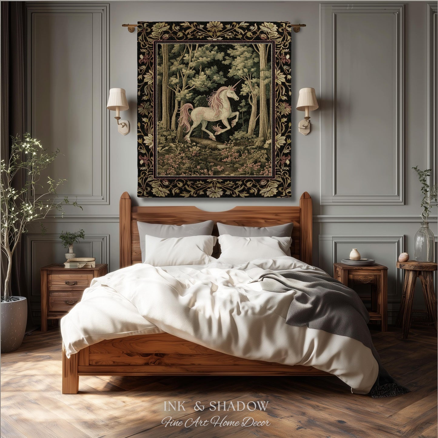 Medieval Unicorn Tapestry Blanket Dark Woodland Aesthetic | Enchanted Forest Decor Whimsical Cottagecore Fantasy Art Mystic Forestcore Throw