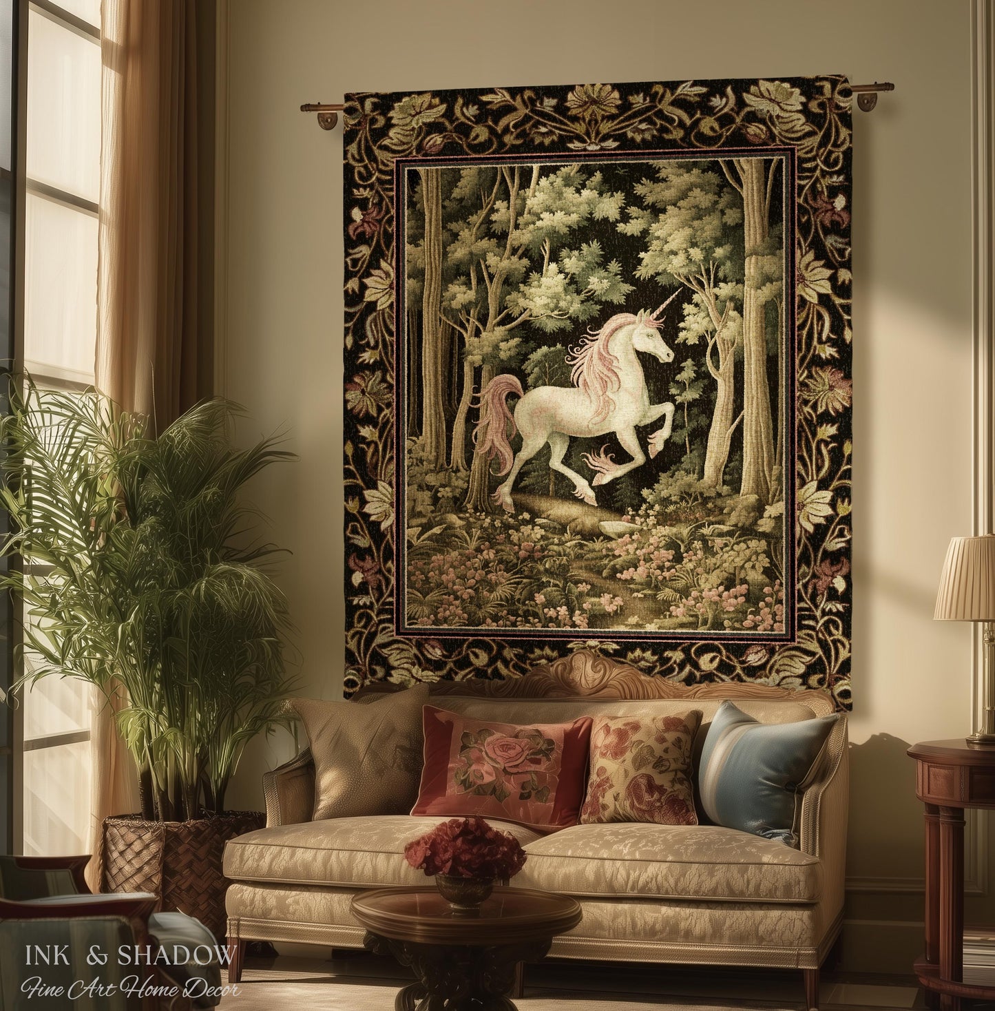 Medieval Unicorn Tapestry Blanket Dark Woodland Aesthetic | Enchanted Forest Decor Whimsical Cottagecore Fantasy Art Mystic Forestcore Throw