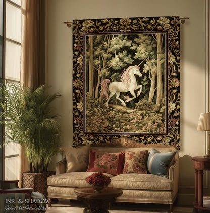 Medieval Unicorn Tapestry Blanket Dark Woodland Aesthetic | Enchanted Forest Decor Whimsical Cottagecore Fantasy Art Mystic Forestcore Throw