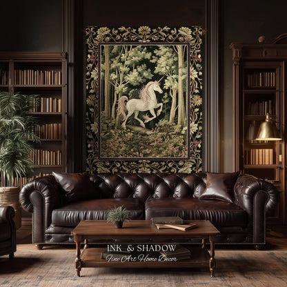 Medieval Unicorn Tapestry Blanket Dark Woodland Aesthetic | Enchanted Forest Decor Whimsical Cottagecore Fantasy Art Mystic Forestcore Throw