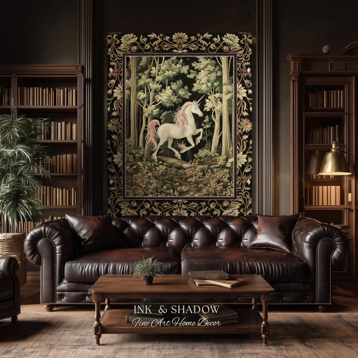 Medieval Unicorn Tapestry Blanket Dark Woodland Aesthetic | Enchanted Forest Decor Whimsical Cottagecore Fantasy Art Mystic Forestcore Throw