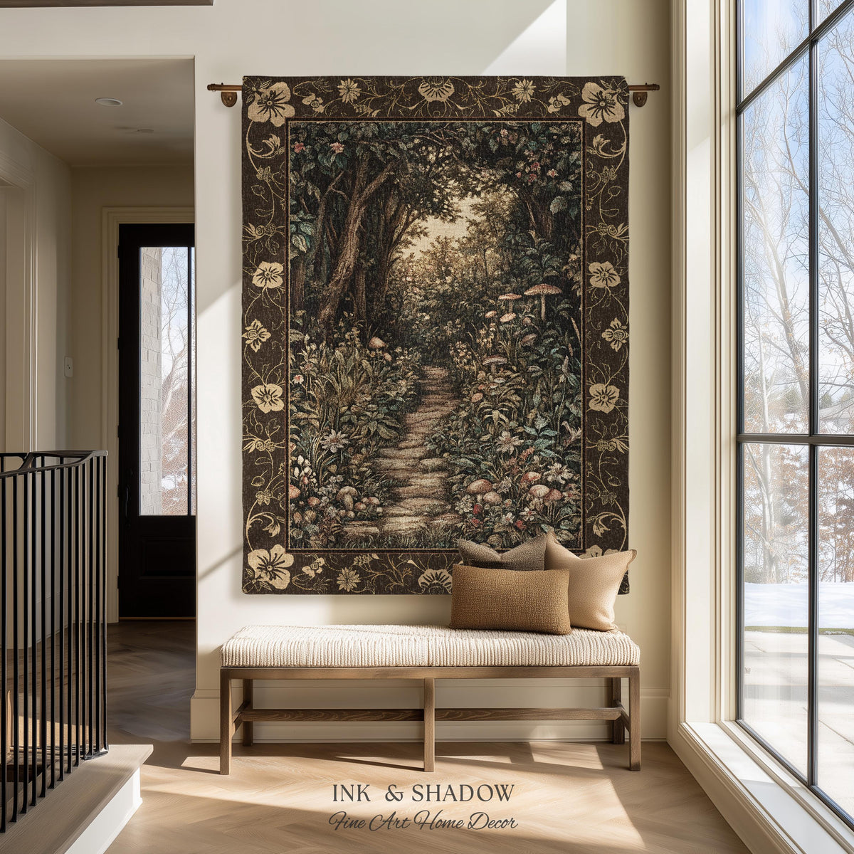 Mushroom Forest Magical Woodland Tapestry Blanket Ethereal Mystic Academia, Vintage Folklore Art Forest Fairycore Whimsigoth Medieval Throw