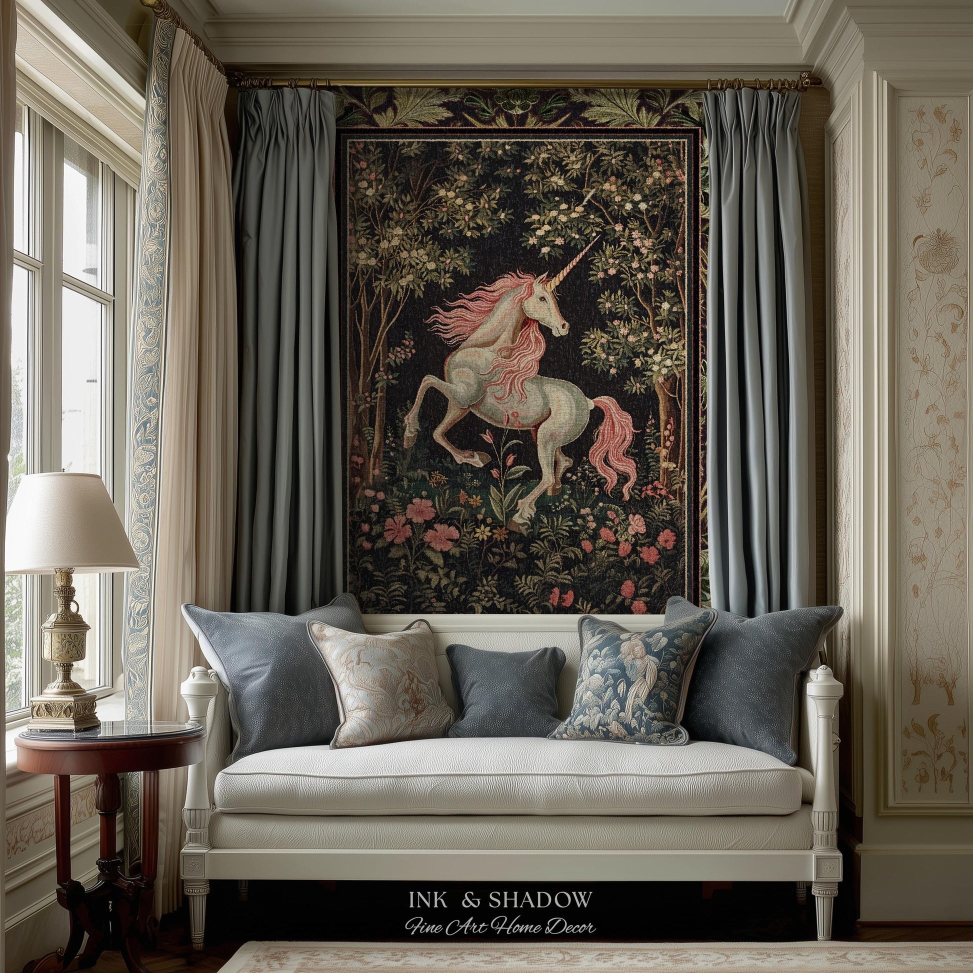 Whimsical Enchanted Unicorn Blanket Victorian Gothic Tapestry Blanket | Dark Cottagecore Throw Renaissance Folklore Baroque Aesthetic Decor