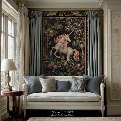 Whimsical Enchanted Unicorn Blanket Victorian Gothic Tapestry Blanket | Dark Cottagecore Throw Renaissance Folklore Baroque Aesthetic Decor