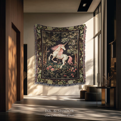 Whimsical Enchanted Unicorn Blanket Victorian Gothic Tapestry Blanket | Dark Cottagecore Throw Renaissance Folklore Baroque Aesthetic Decor