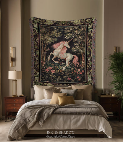 Whimsical Enchanted Unicorn Blanket Victorian Gothic Tapestry Blanket | Dark Cottagecore Throw Renaissance Folklore Baroque Aesthetic Decor