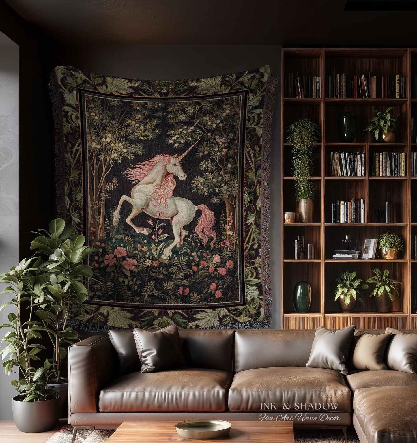 Whimsical Enchanted Unicorn Blanket Victorian Gothic Tapestry Blanket | Dark Cottagecore Throw Renaissance Folklore Baroque Aesthetic Decor