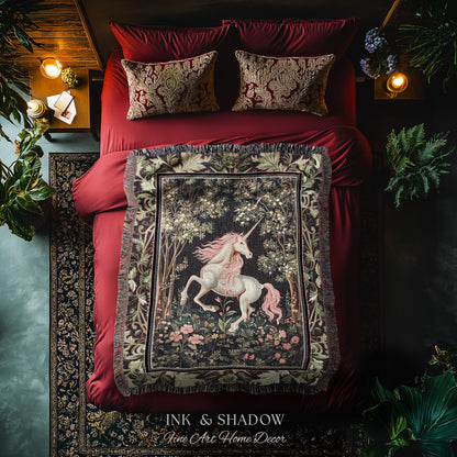 Whimsical Enchanted Unicorn Blanket Victorian Gothic Tapestry Blanket | Dark Cottagecore Throw Renaissance Folklore Baroque Aesthetic Decor