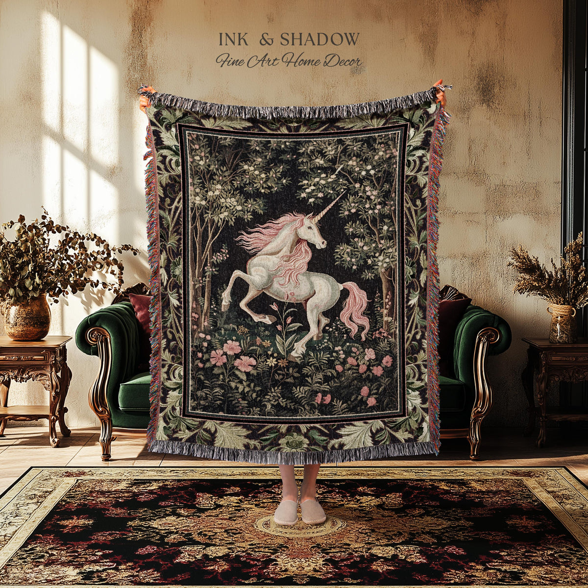 Whimsical Enchanted Unicorn Blanket Victorian Gothic Tapestry Blanket | Dark Cottagecore Throw Renaissance Folklore Baroque Aesthetic Decor