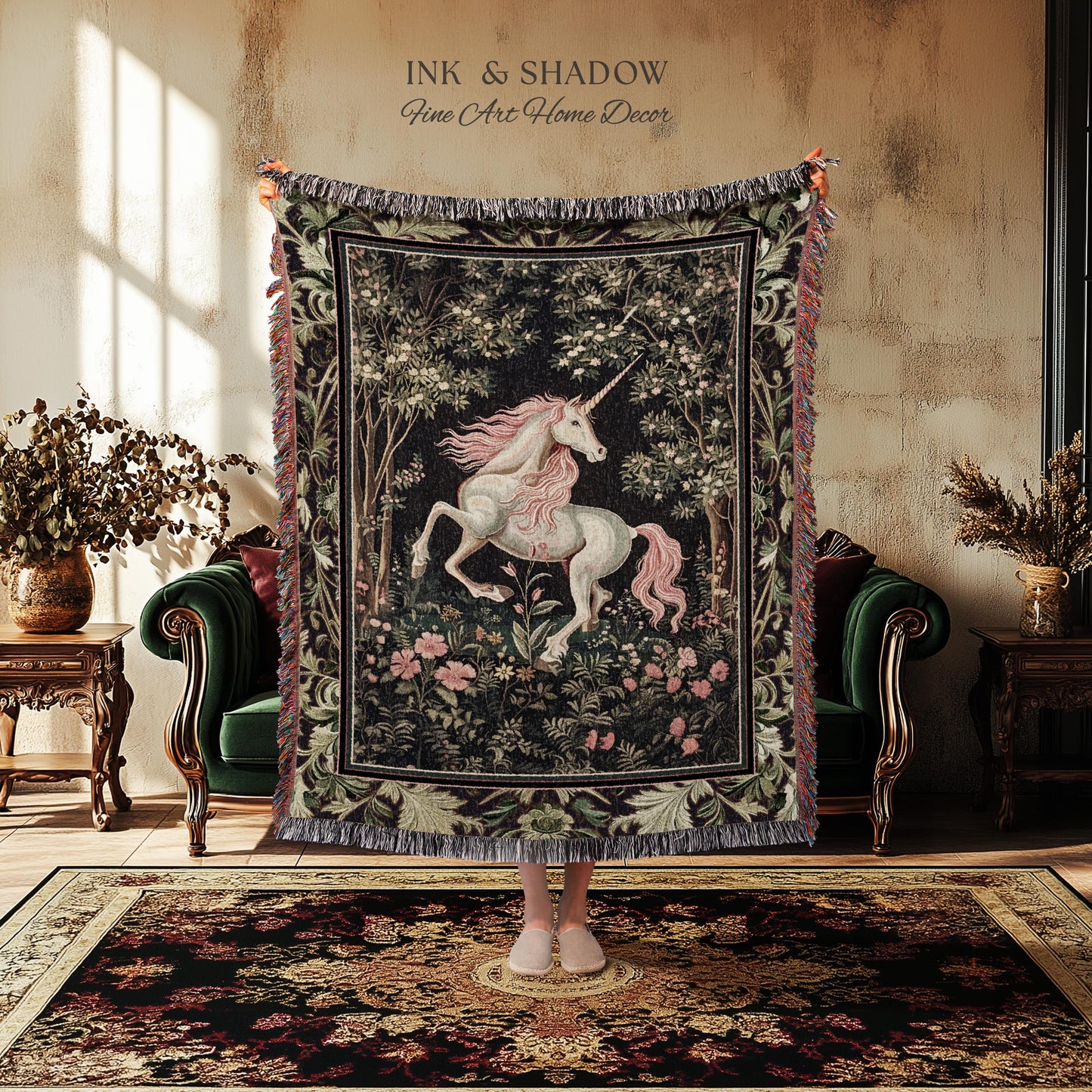 Whimsical Enchanted Unicorn Blanket Victorian Gothic Tapestry Blanket | Dark Cottagecore Throw Renaissance Folklore Baroque Aesthetic Decor