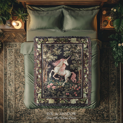 Whimsical Enchanted Unicorn Blanket Victorian Gothic Tapestry Blanket | Dark Cottagecore Throw Renaissance Folklore Baroque Aesthetic Decor