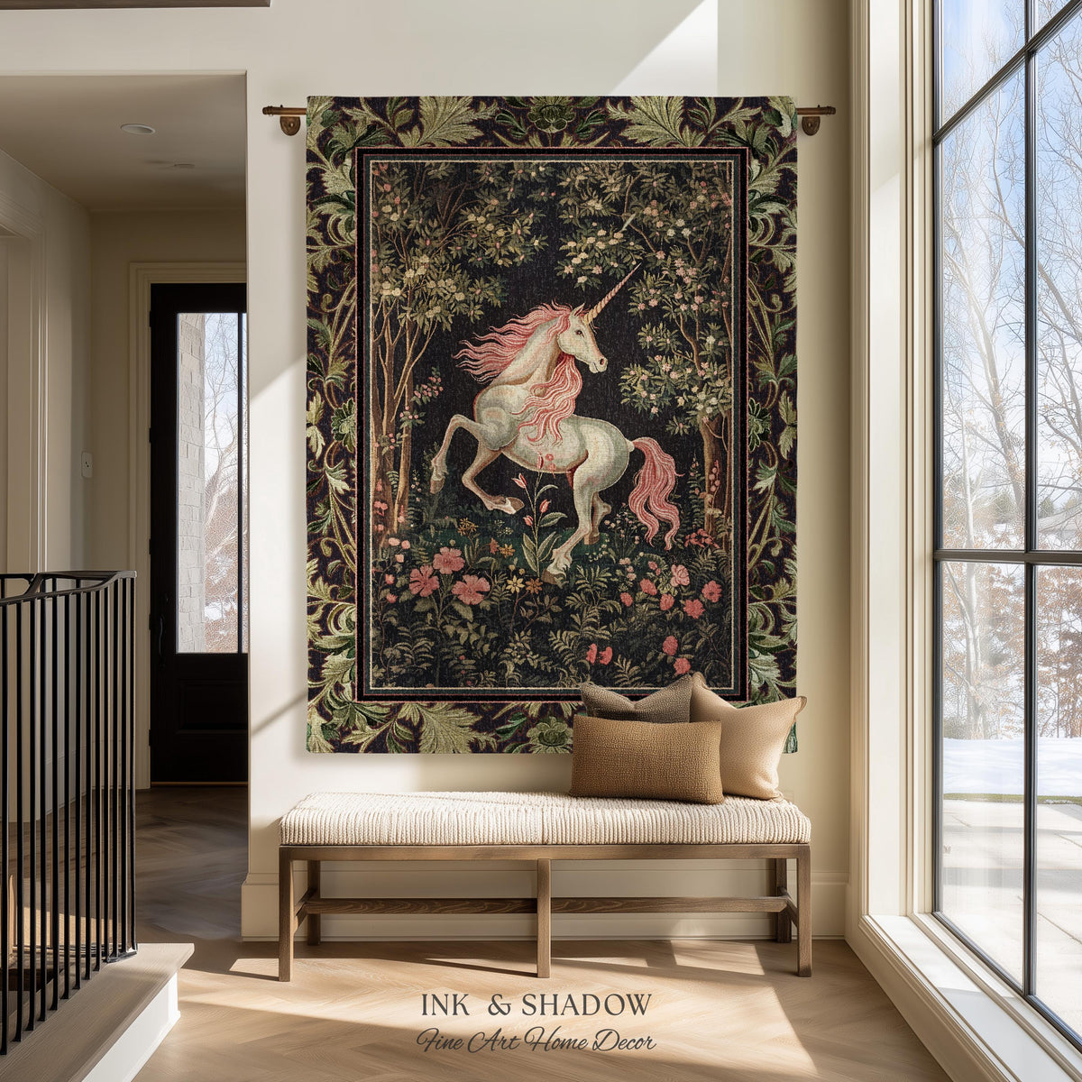 Whimsical Enchanted Unicorn Blanket Victorian Gothic Tapestry Blanket | Dark Cottagecore Throw Renaissance Folklore Baroque Aesthetic Decor