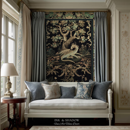 Ethereal Dragon Art Tapestry Throw Enchanted Decor Fantasy Forest Whimsical Woodland Gothic Decor | Fairytale Whimsy Art Deco Dragon Blanket